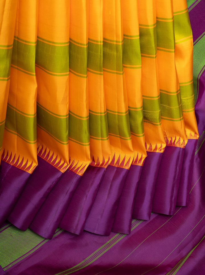 Yellow Stripes Korvai Pure Kanchipuram Silk Saree Without Zari - Clio Silks