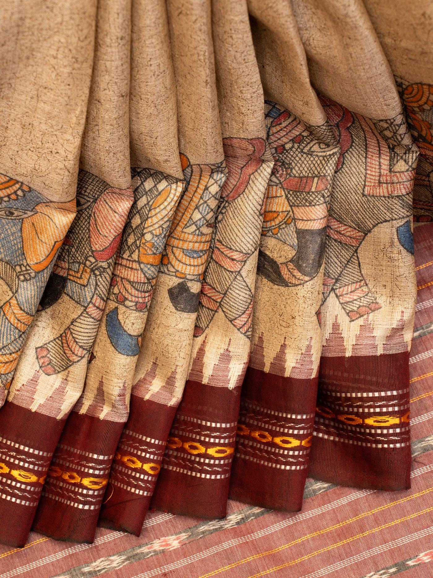 Beige Kalamkari Printed Pure Vidharbha Tussar Saree