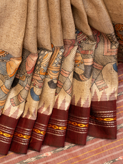 Beige Kalamkari Printed Pure Vidharbha Tussar Saree