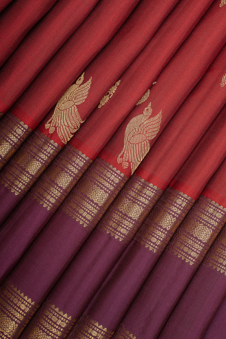 Rust Orange and Jamun Pure Kanchipuram Silk Saree