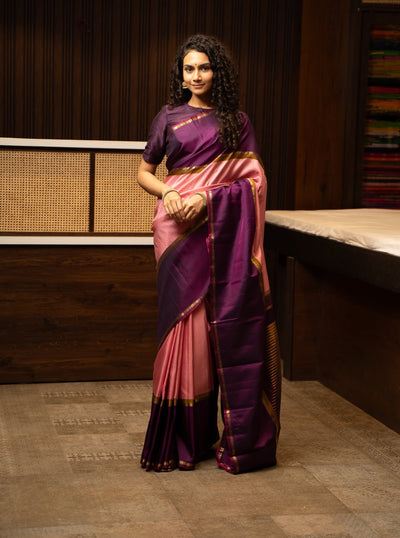 Lotus Pink Checks Pure Zari Kanchipuram Silk Saree - Clio Silks