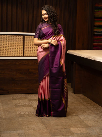 Lotus Pink Checks Pure Zari Kanchipuram Silk Saree - Clio Silks