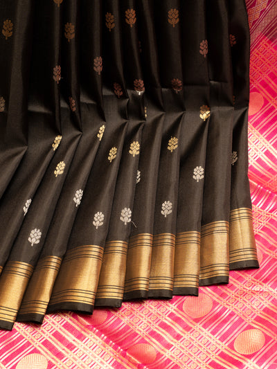 Black and Gold Traditional Motifs Soft Silk Saree