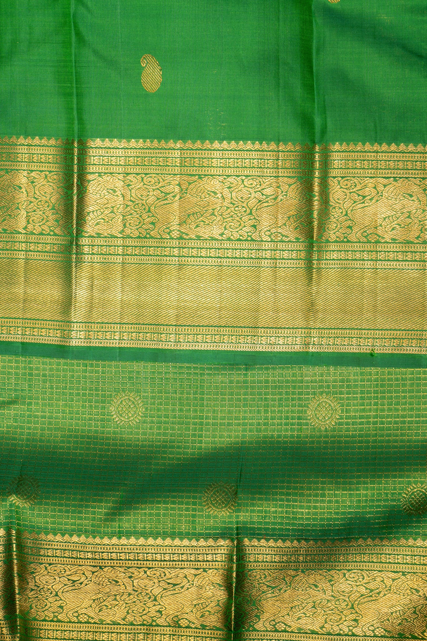 Parrot Green Zari Checks Pure Kanchipuram Silk Saree - Clio Silks