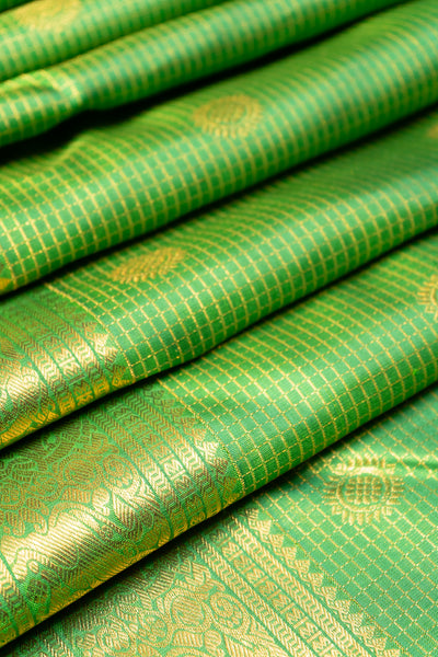 Parrot Green Zari Checks Pure Kanchipuram Silk Saree - Clio Silks