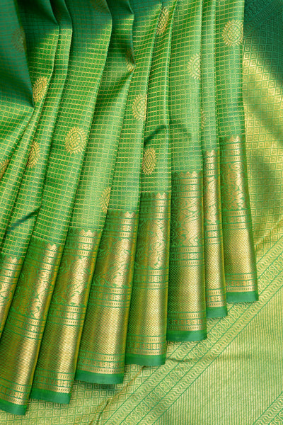 Parrot Green Zari Checks Pure Kanchipuram Silk Saree - Clio Silks
