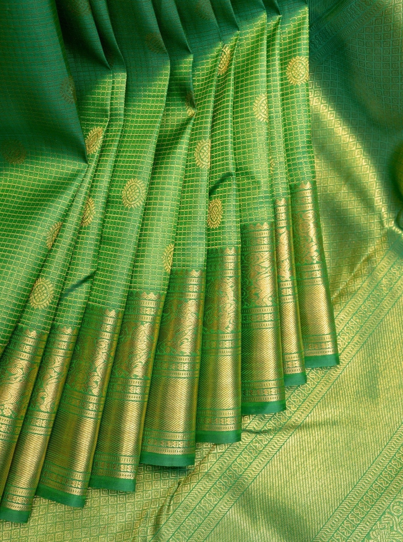 Parrot Green Zari Checks Pure Kanchipuram Silk Saree - Clio Silks