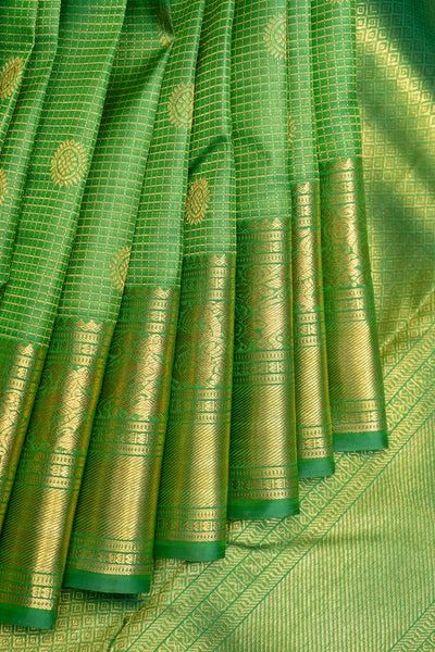 Parrot Green Zari Checks Pure Kanchipuram Silk Saree - Clio Silks