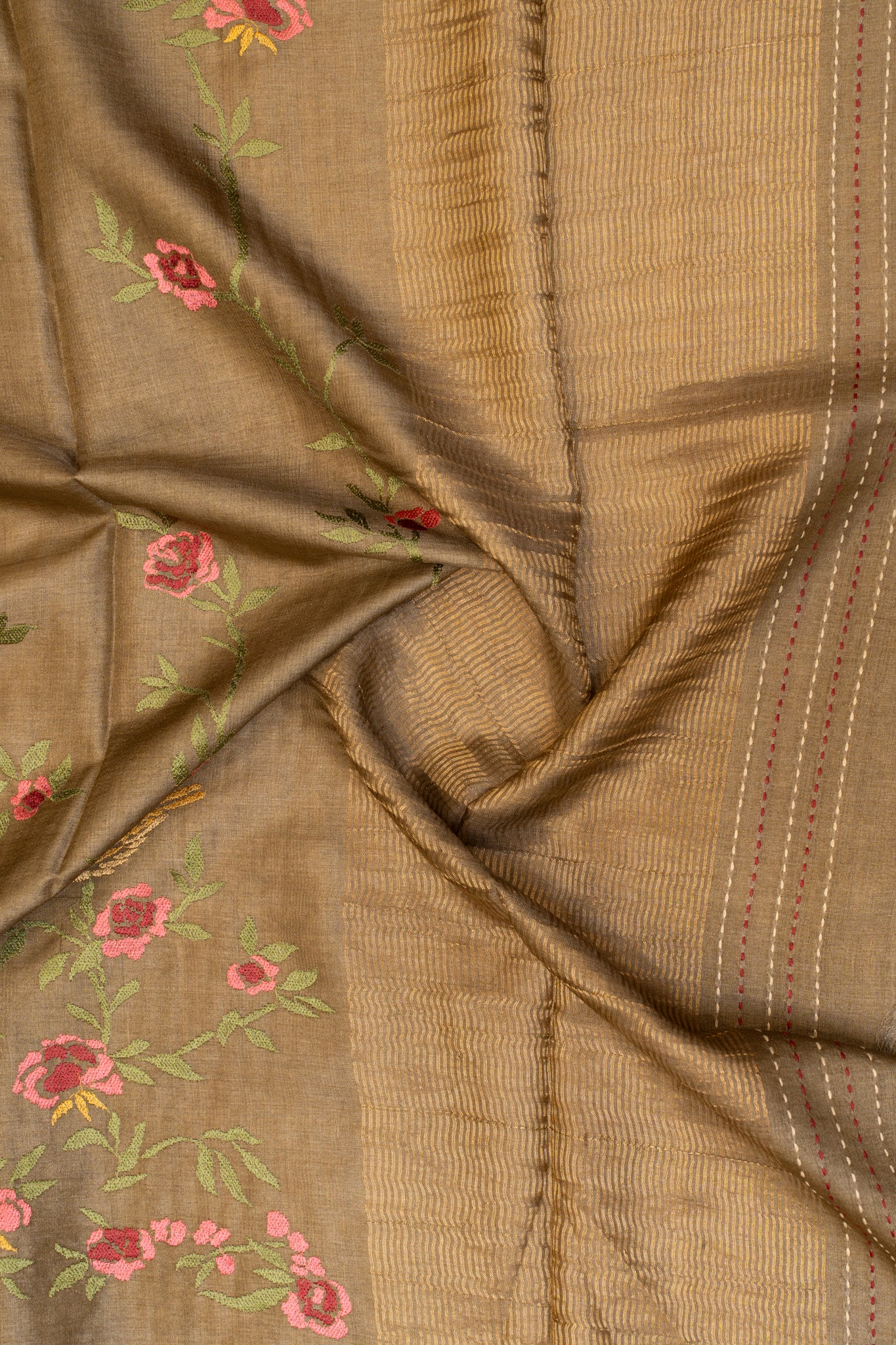 Beige embroidered pure Tussar silk saree