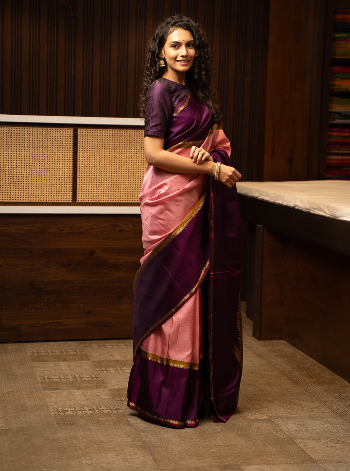 Lotus Pink Checks Pure Zari Kanchipuram Silk Saree - Clio Silks