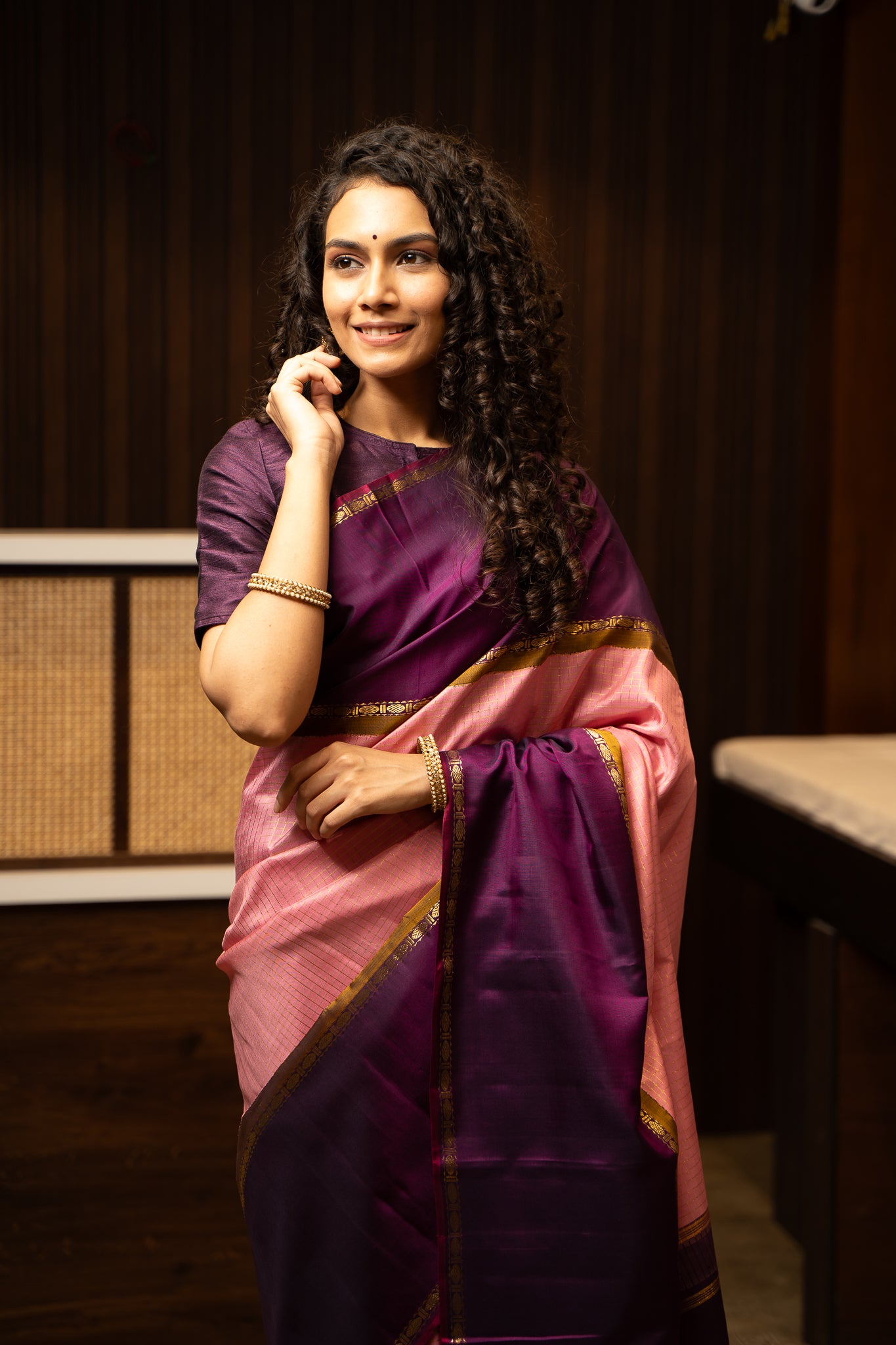 Lotus Pink Checks Pure Zari Kanchipuram Silk Saree - Clio Silks