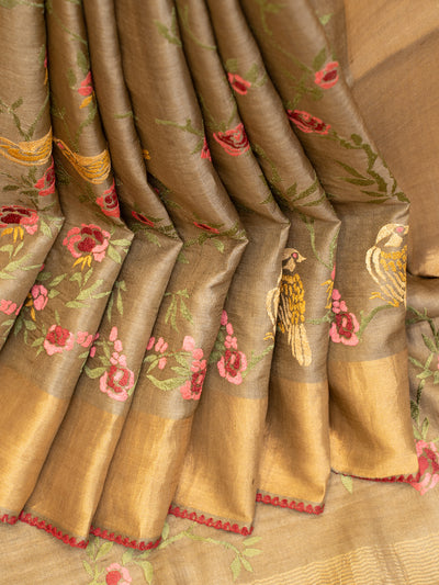 Beige embroidered pure Tussar silk saree