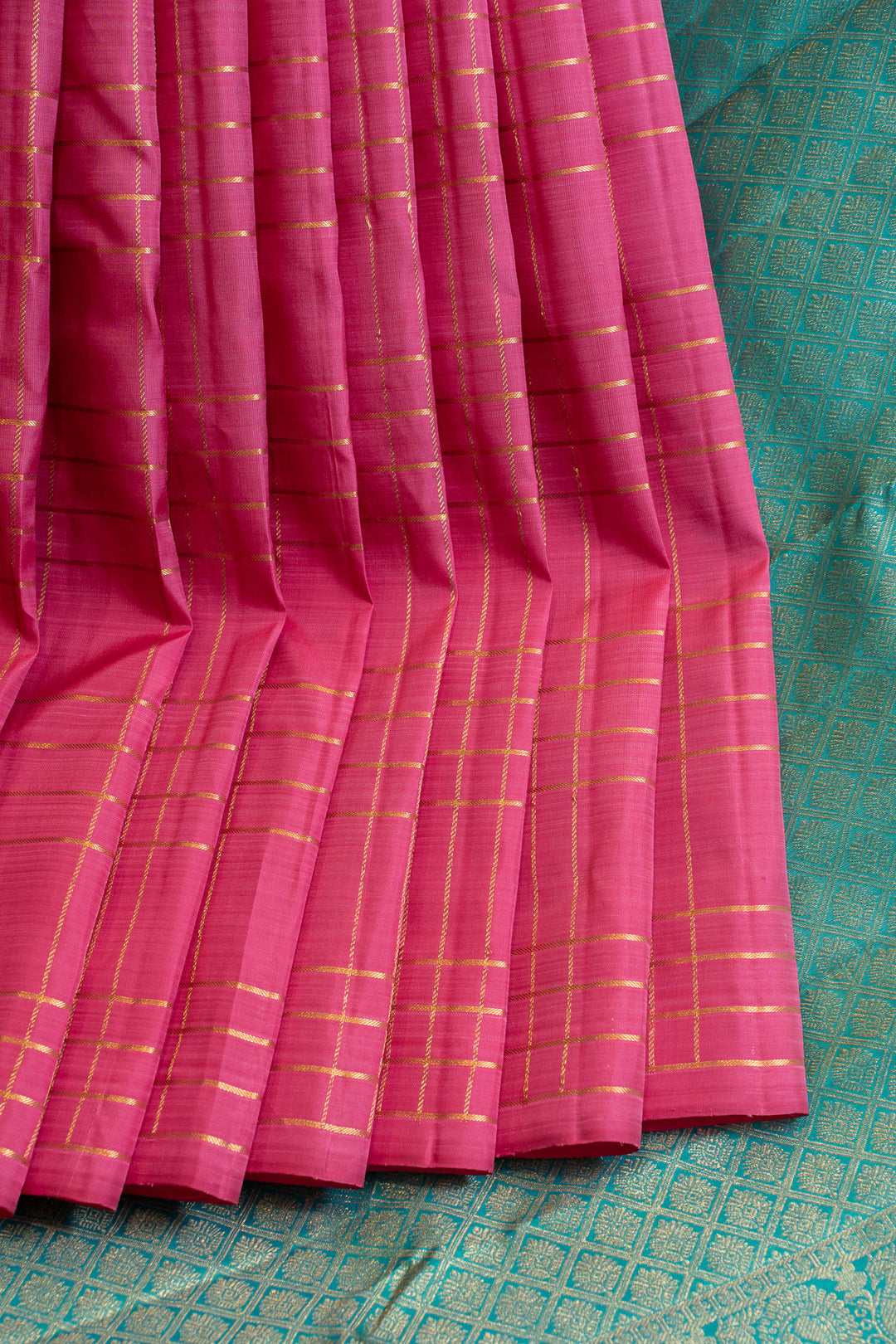 Rose pink and teal checks borderless pure Kanchipuram silk saree