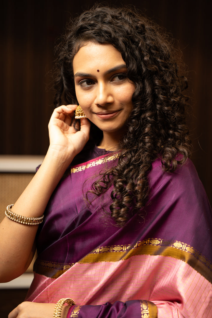 Lotus Pink Checks Pure Zari Kanchipuram Silk Saree - Clio Silks