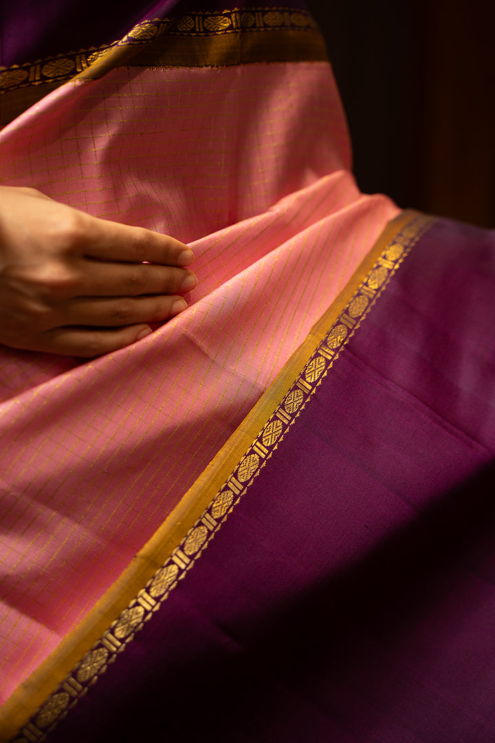 Lotus Pink Checks Pure Zari Kanchipuram Silk Saree - Clio Silks