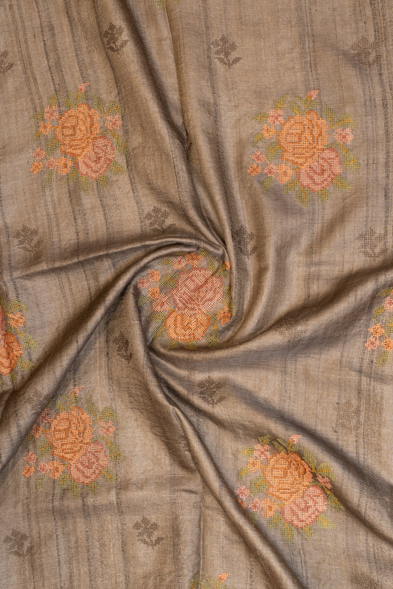 Grey embroidered pure Banaras Tussar silk saree