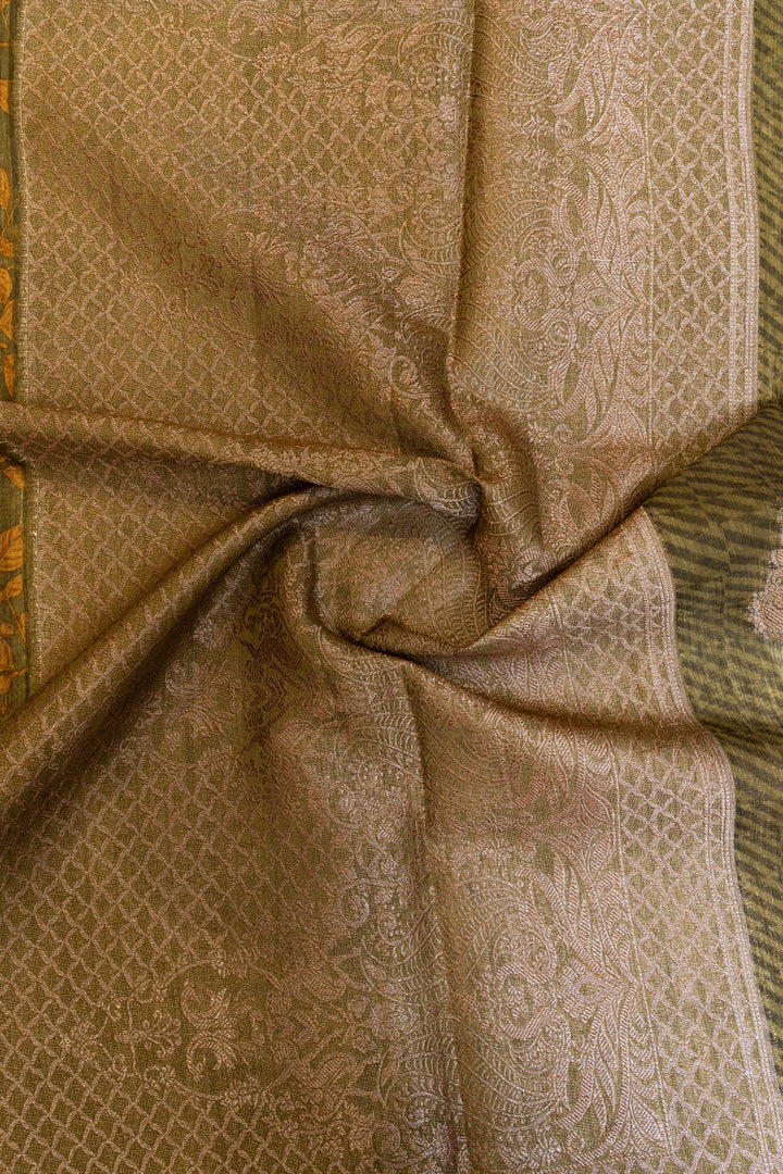 Green and mustard printed Tussar saree
