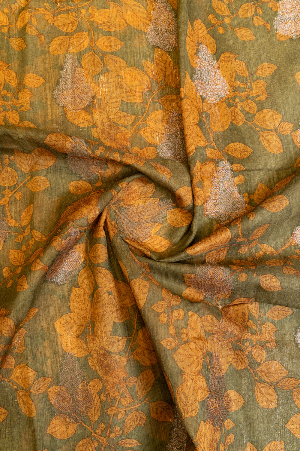 Green and mustard printed Tussar saree
