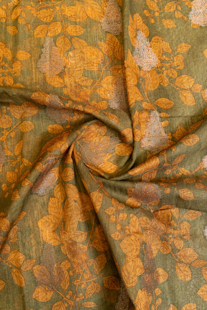 Green and mustard printed Tussar saree