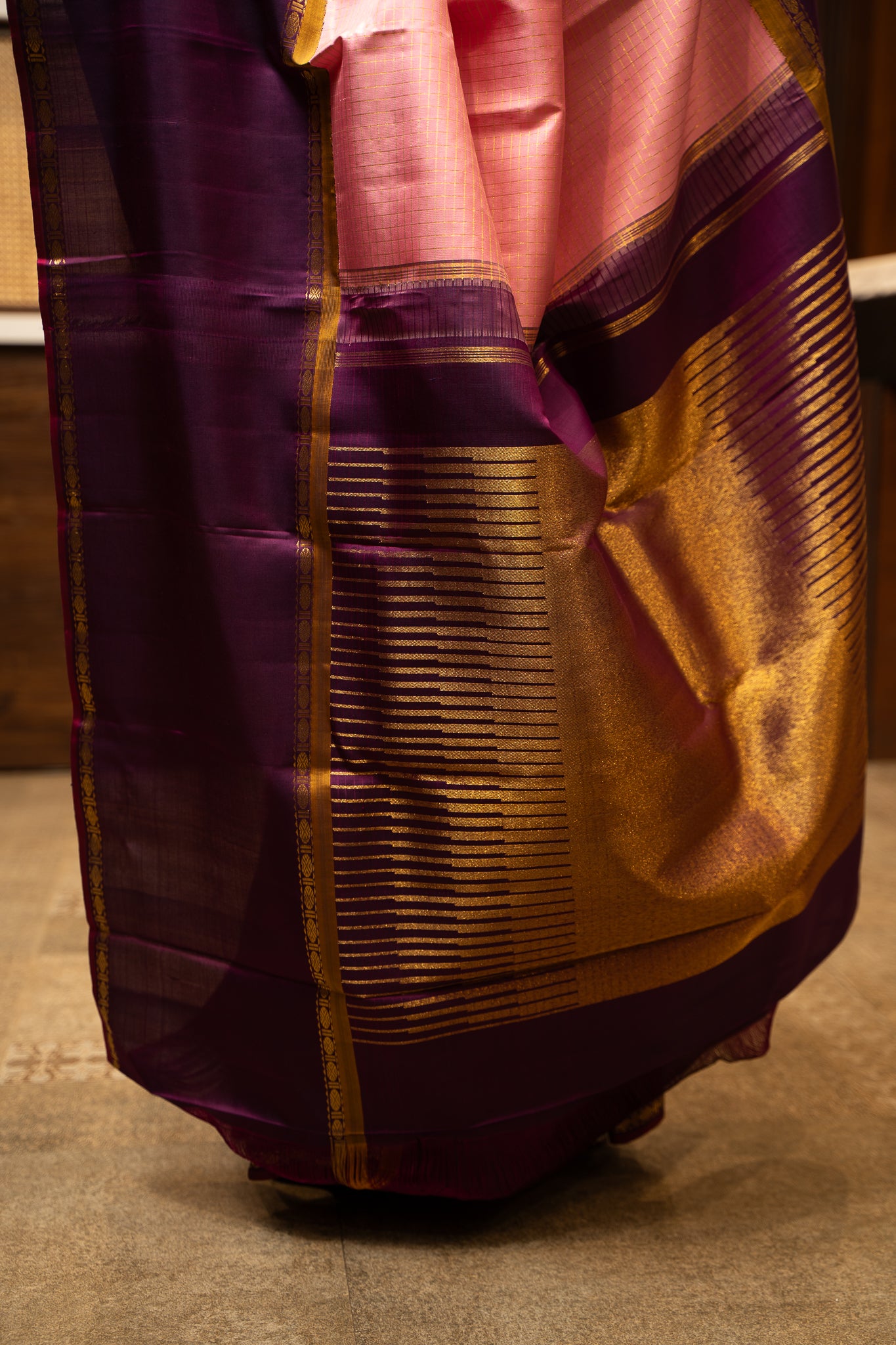 Lotus Pink Checks Pure Zari Kanchipuram Silk Saree - Clio Silks