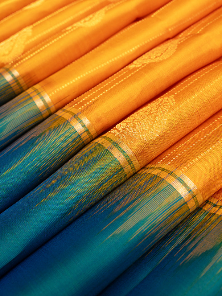 Mustard and Peacock Blue Stripes Soft Silk Saree | Clio Silks