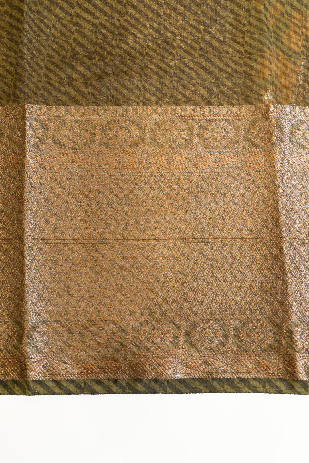 Green and mustard printed Tussar saree