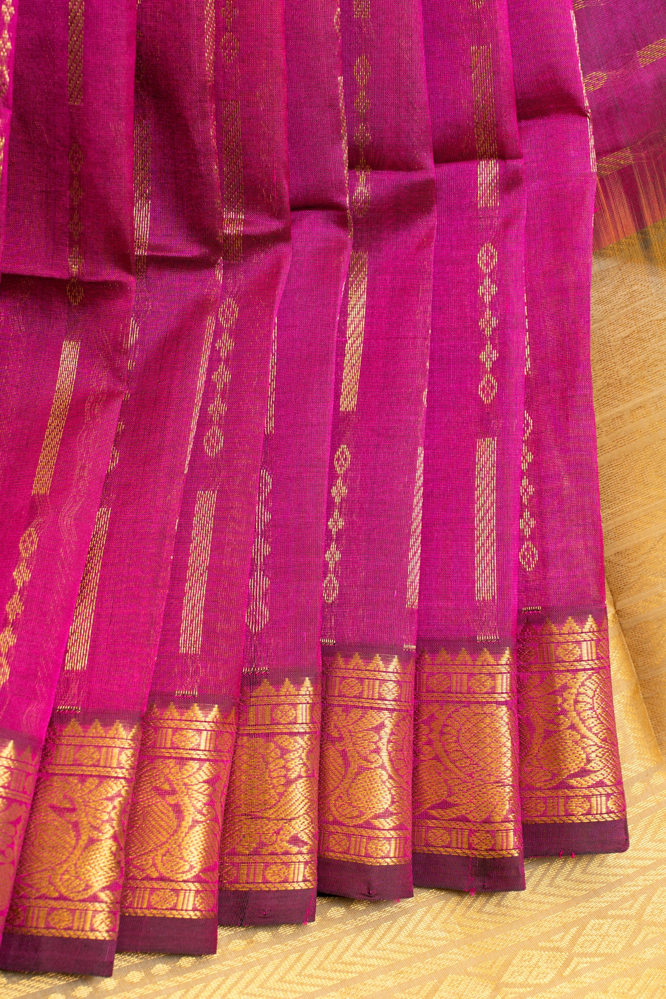 Magenta ornamental stripes pure silk cotton saree