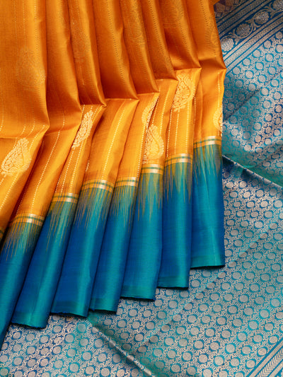 Mustard and Peacock Blue Stripes Soft Silk Saree | Clio Silks