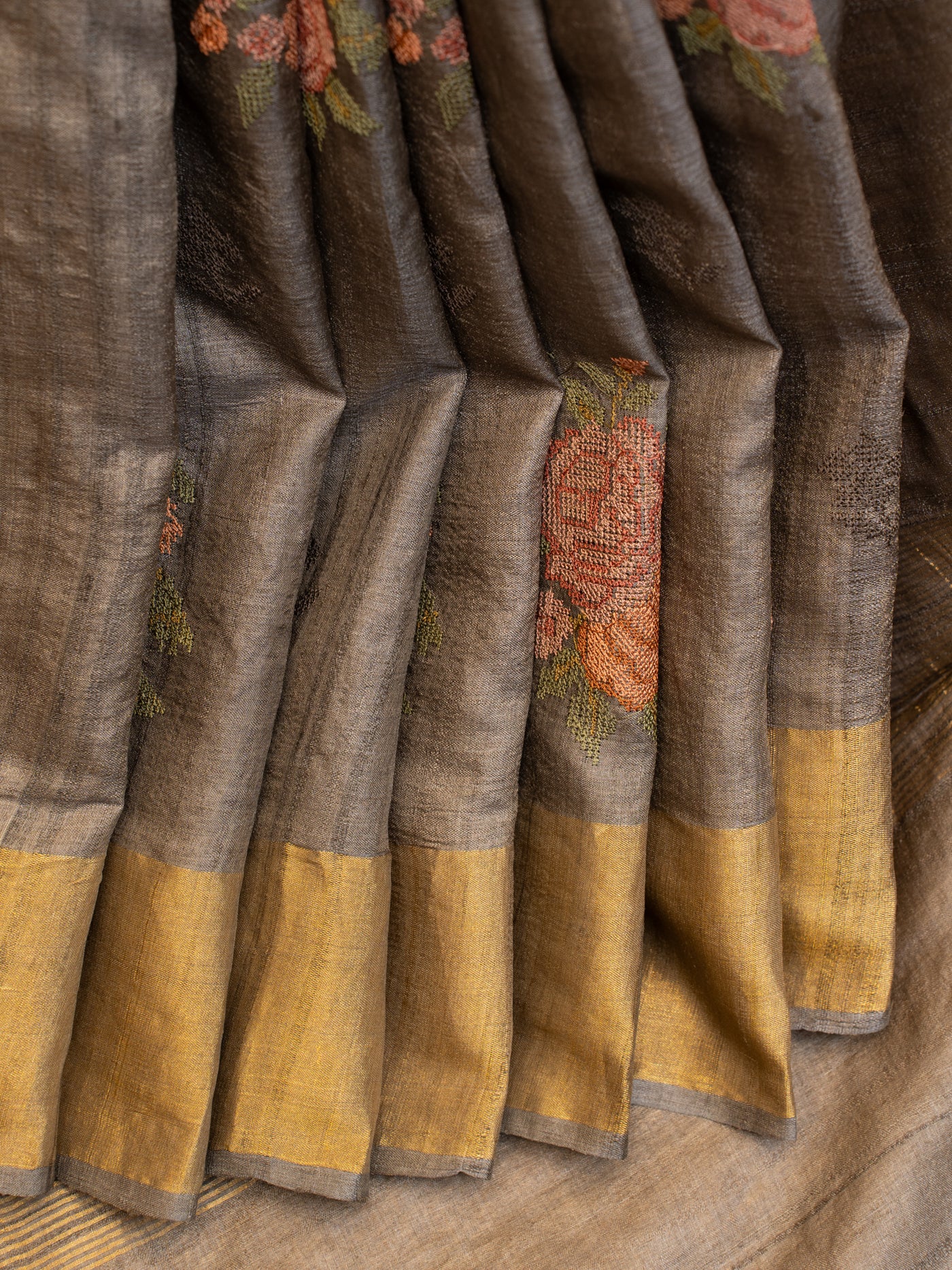 Grey embroidered pure Banaras Tussar silk saree