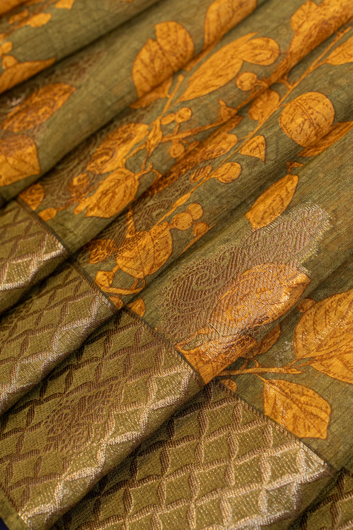 Green and mustard printed Tussar saree