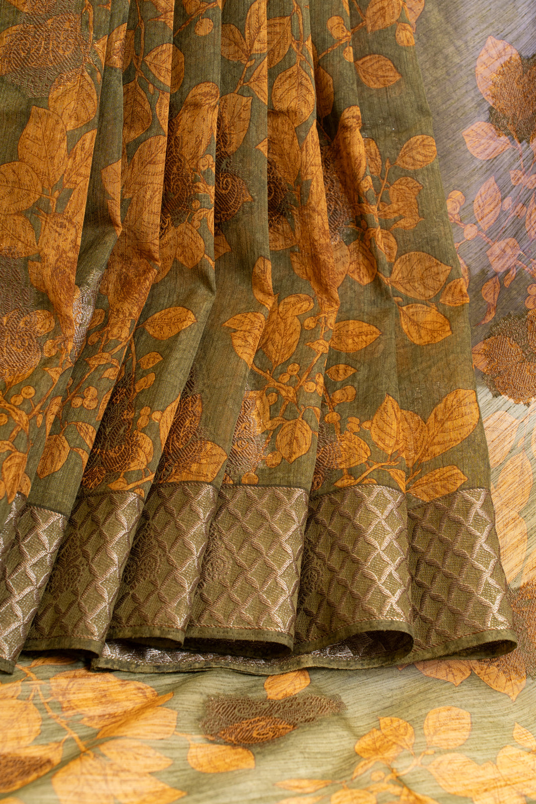 Green and mustard printed Tussar saree