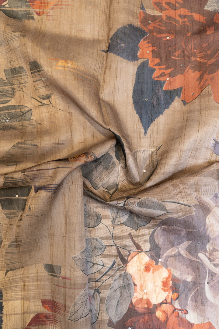 Beige floral printed Tussar saree
