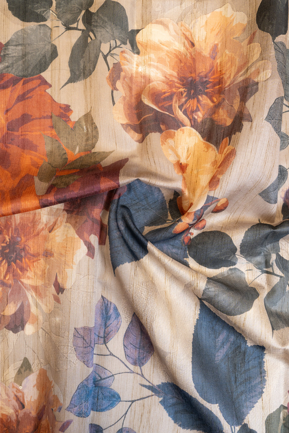 Beige floral printed Tussar saree
