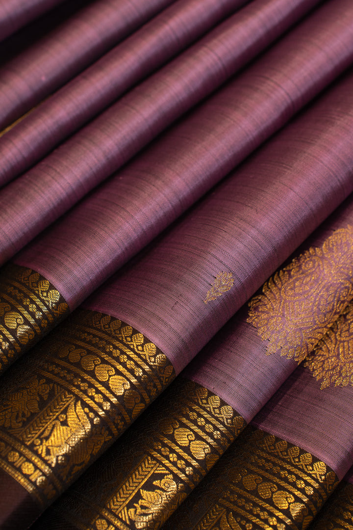 Purple and brown rettai pettu pure Kanchipuram silk saree