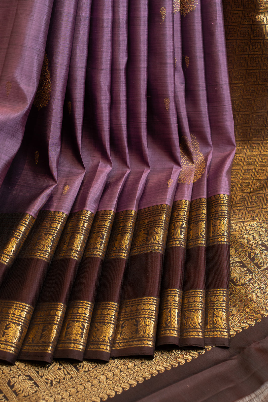 Purple and brown rettai pettu pure Kanchipuram silk saree