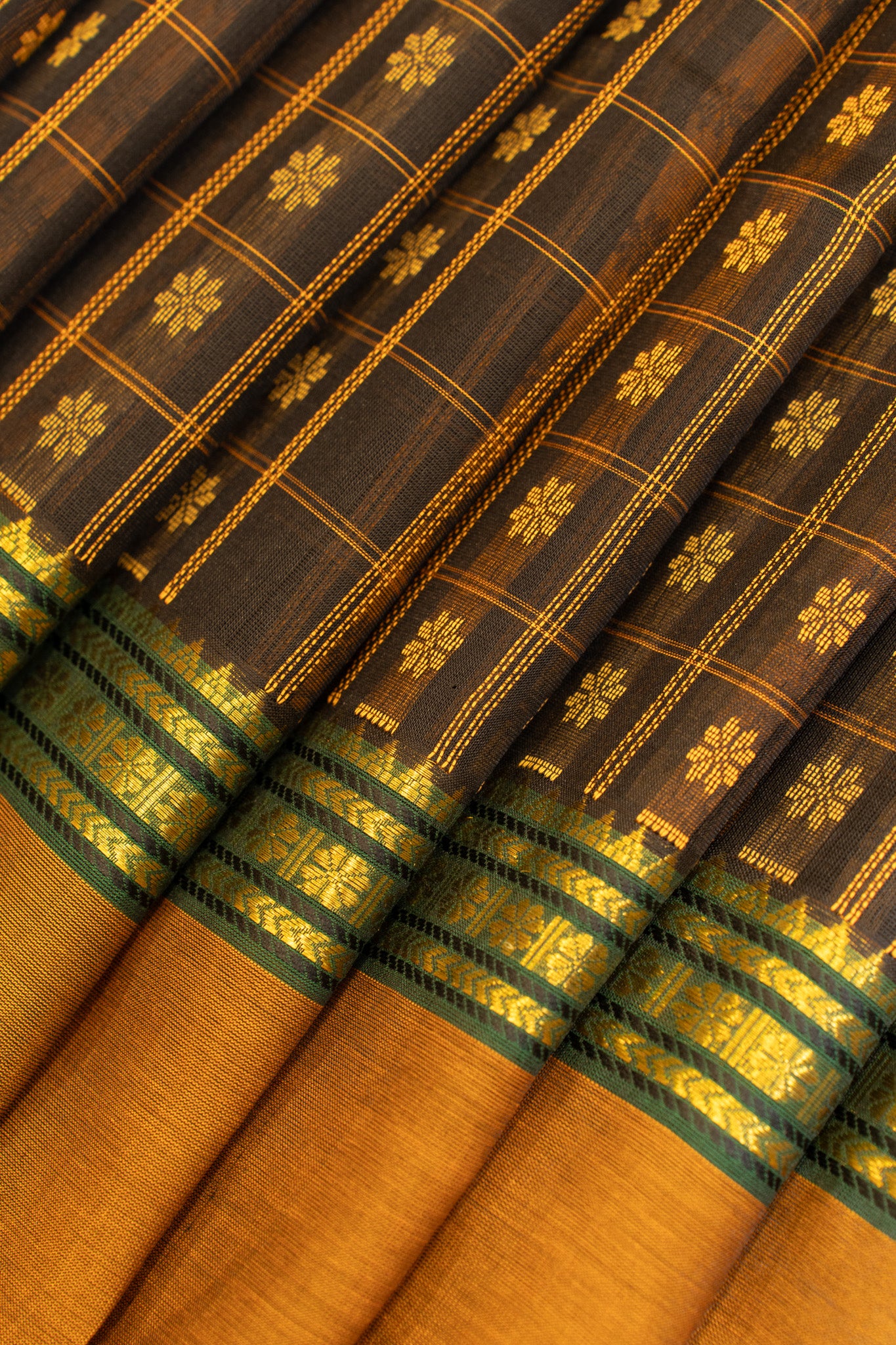 Black and mustard thread checks pure silk cotton saree