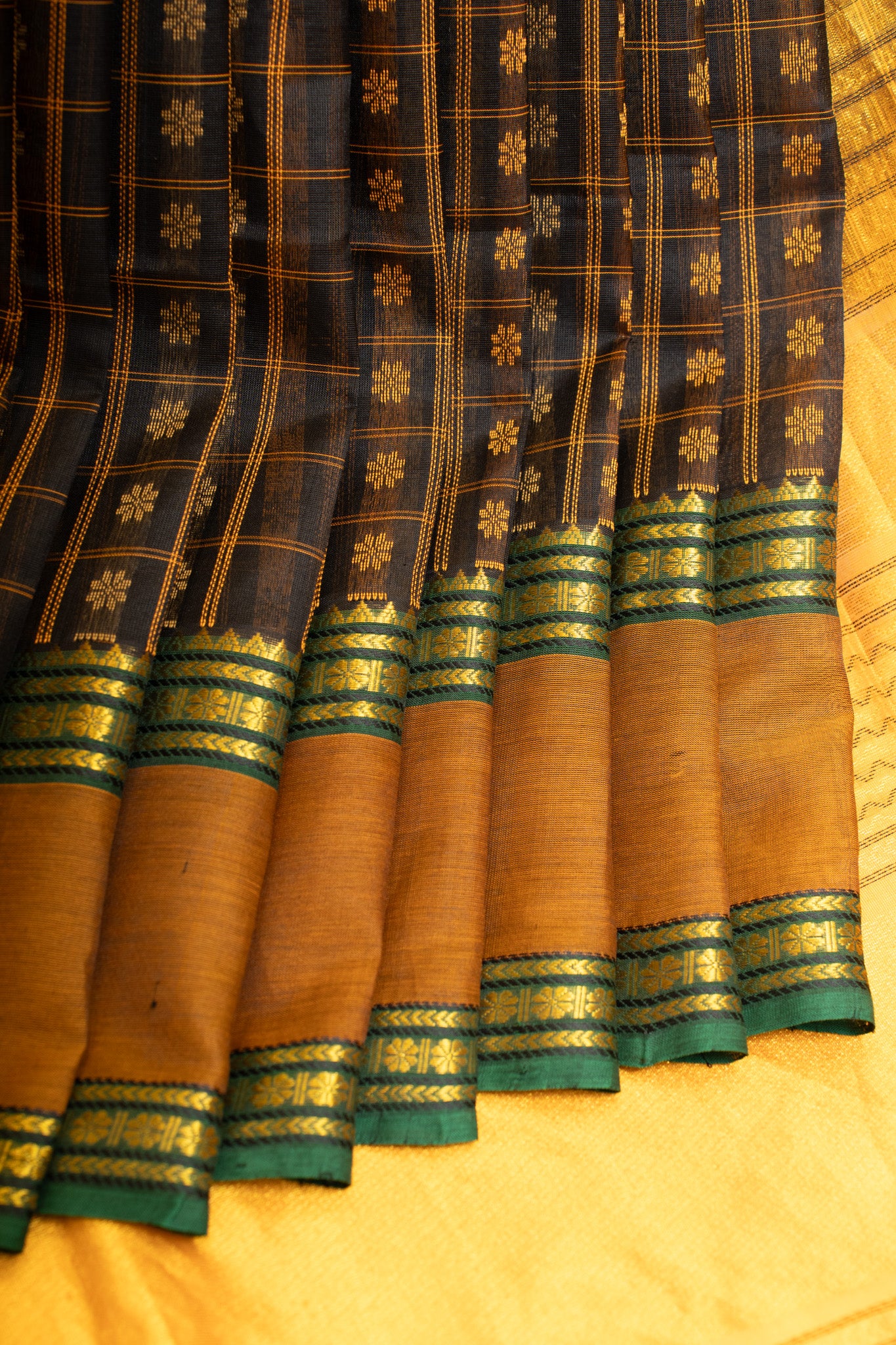 Black and mustard thread checks pure silk cotton saree