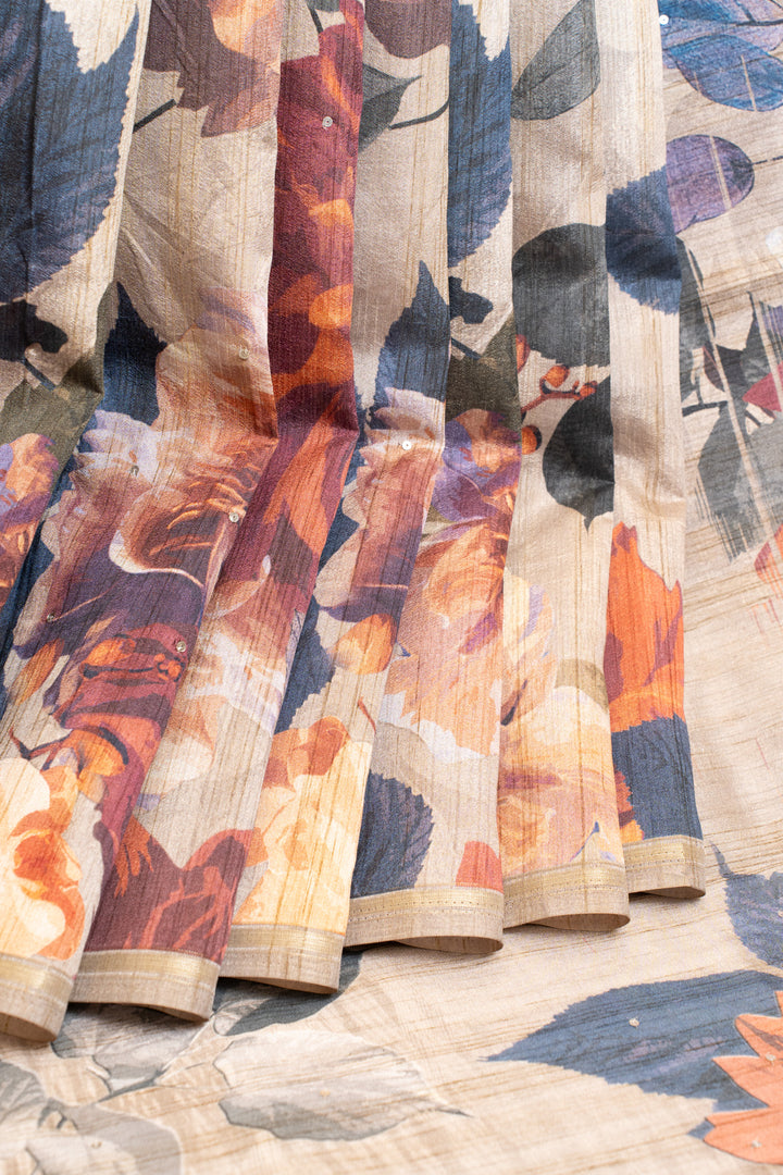 Beige floral printed Tussar saree