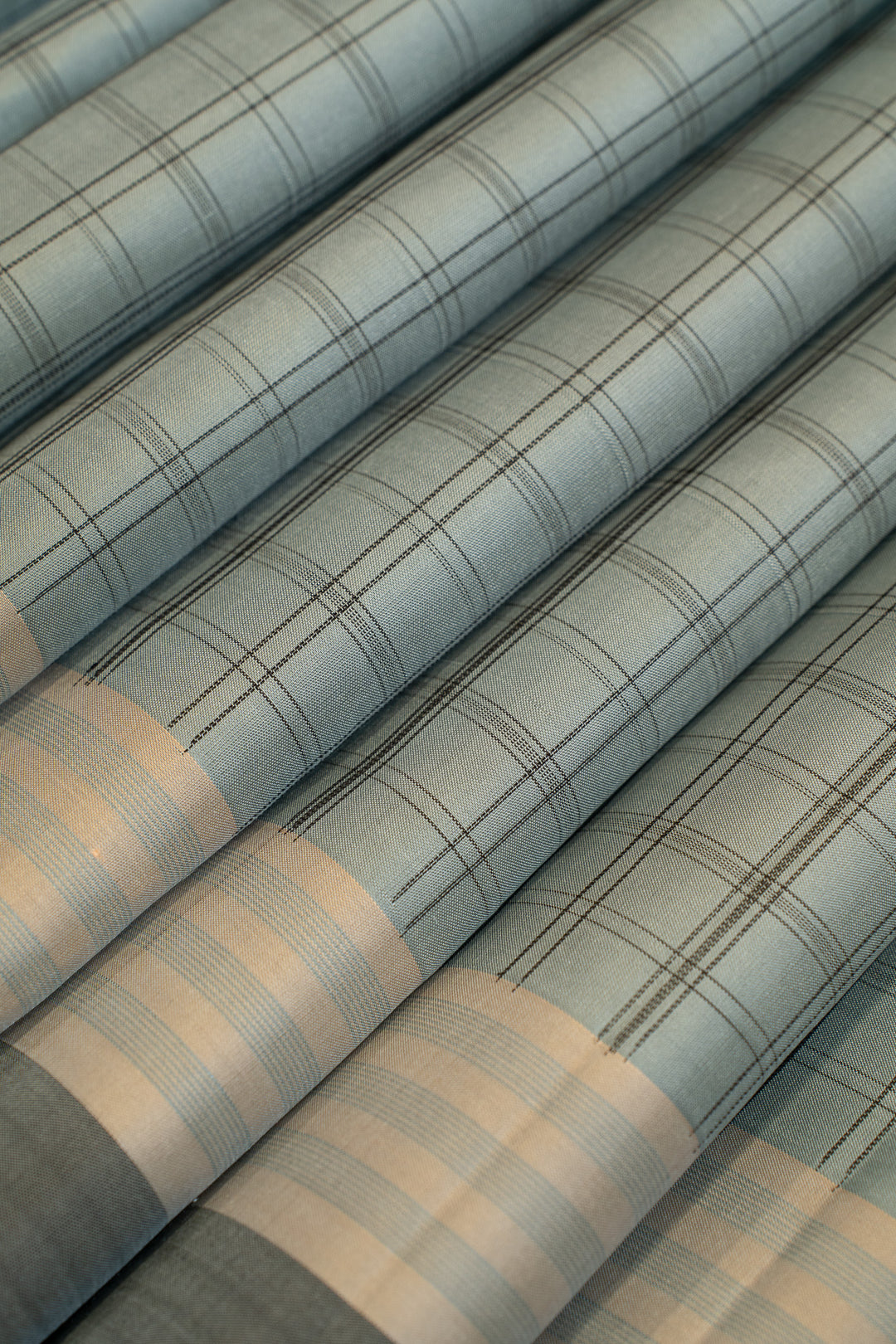 Grey and black checks without zari pure Kanchipuram silk saree