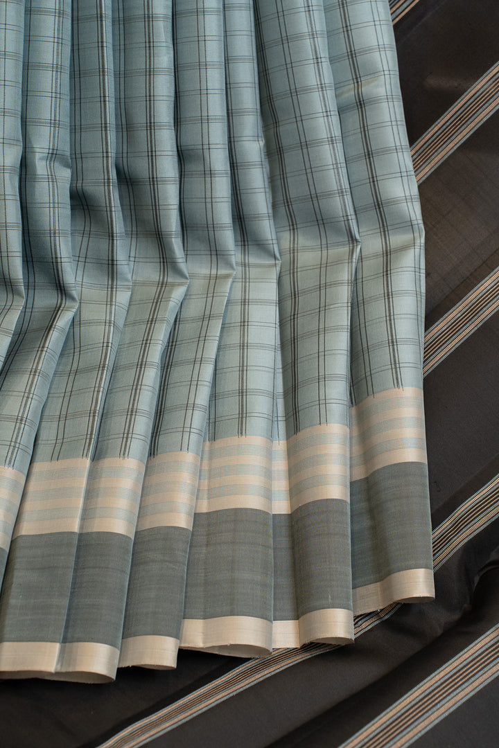 Grey and black checks without zari pure Kanchipuram silk saree