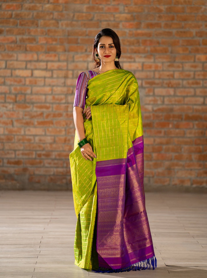 Chartreuse Green Pure Zari Checks Kanchipuram Silk Saree - Clio Silks