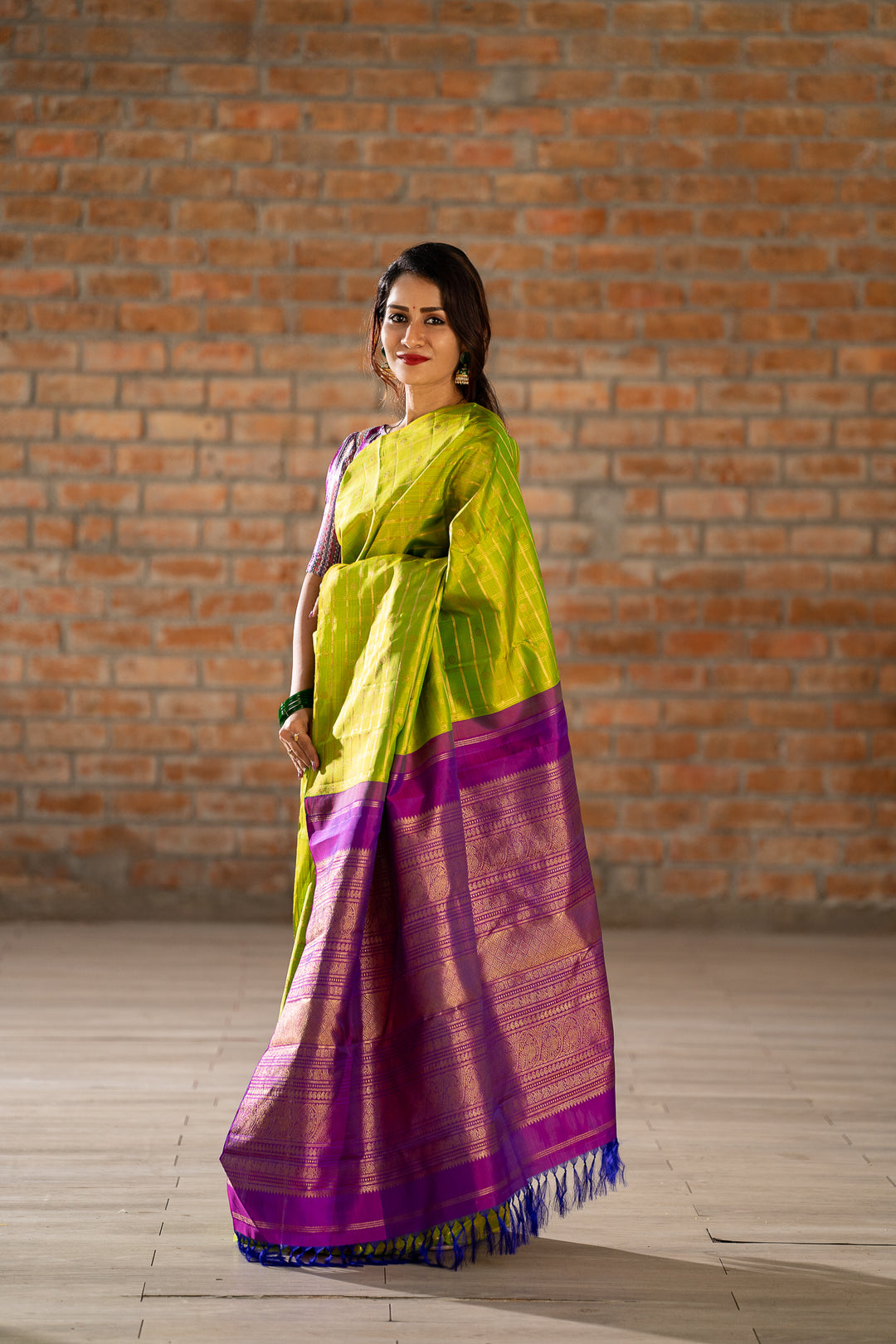 Chartreuse Green Pure Zari Checks Kanchipuram Silk Saree - Clio Silks