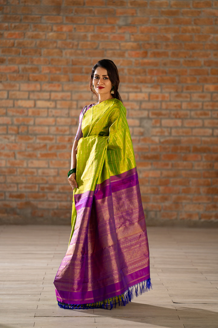 Chartreuse Green Pure Zari Checks Kanchipuram Silk Saree - Clio Silks