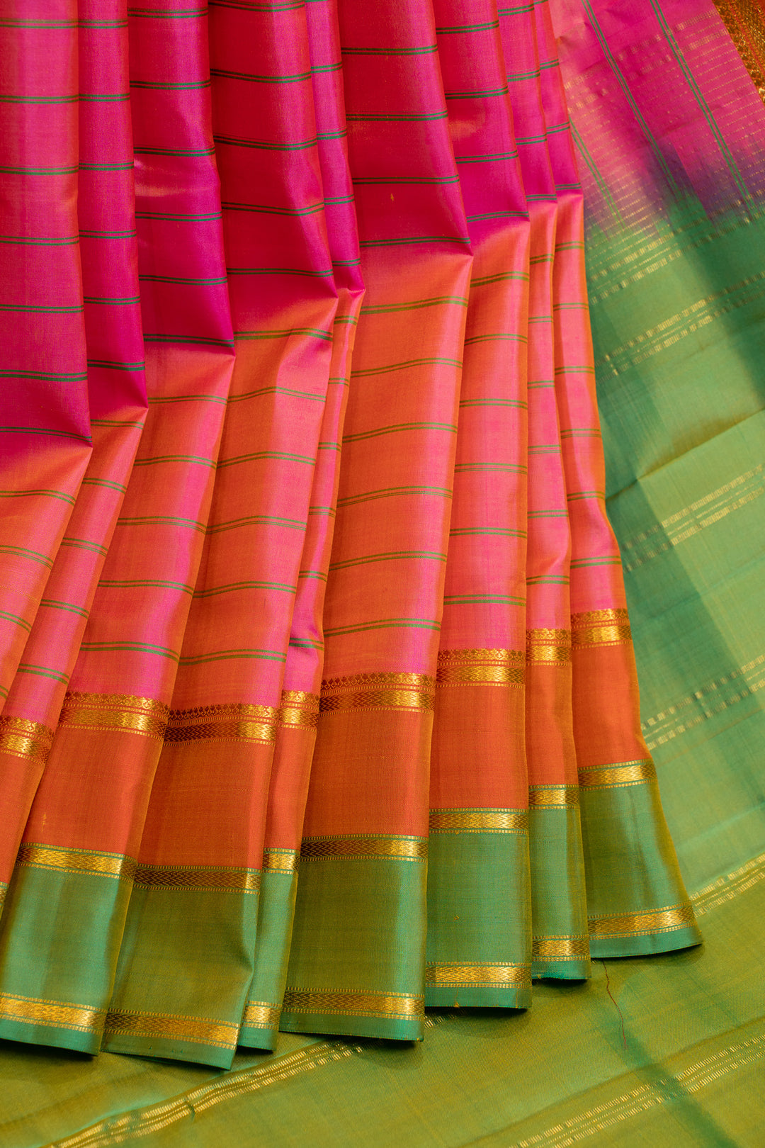 Peach double border traditional pure Kanchipuram silk saree