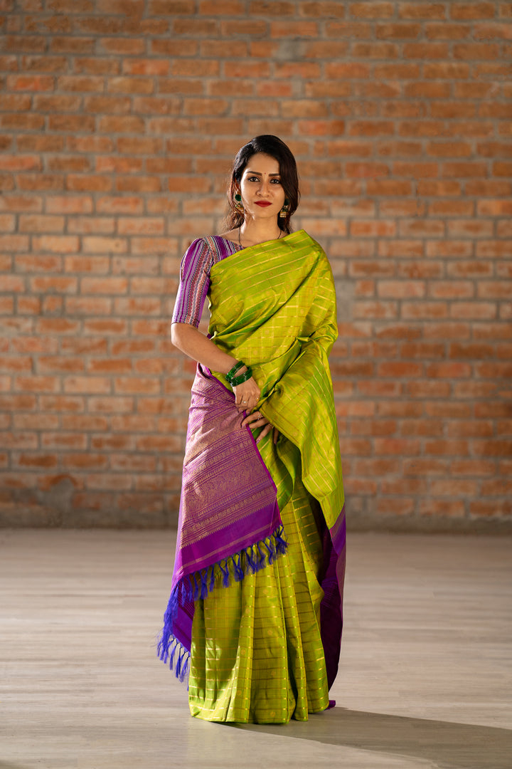 Chartreuse Green Pure Zari Checks Kanchipuram Silk Saree - Clio Silks