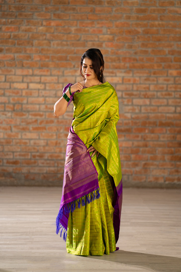 Chartreuse Green Pure Zari Checks Kanchipuram Silk Saree - Clio Silks