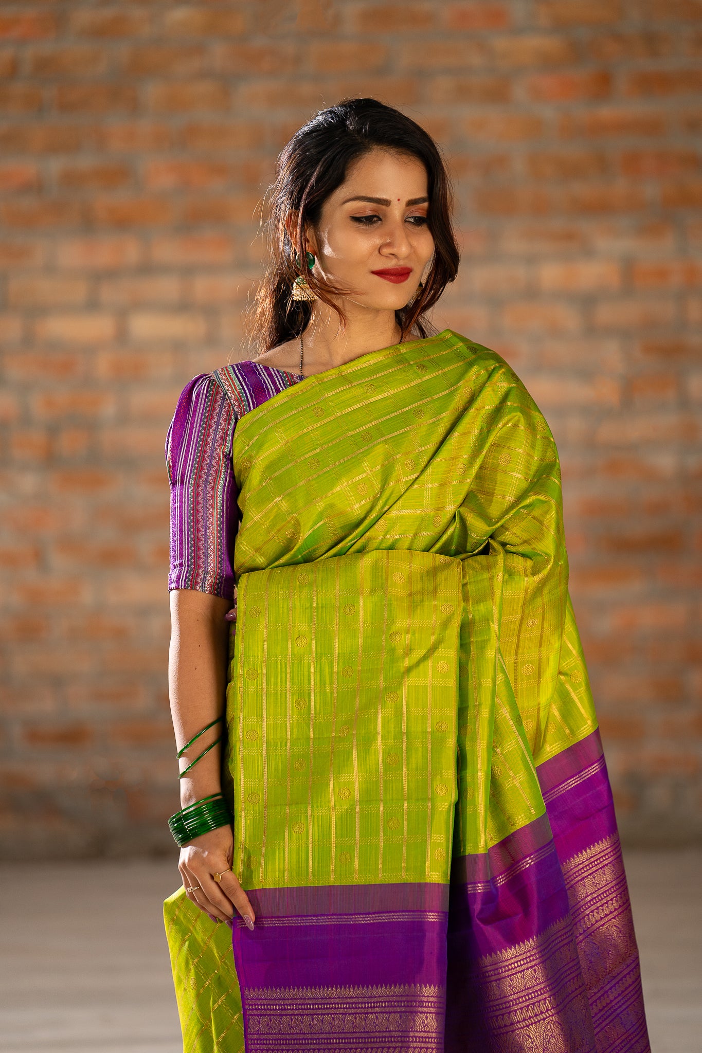 Chartreuse Green Pure Zari Checks Kanchipuram Silk Saree - Clio Silks
