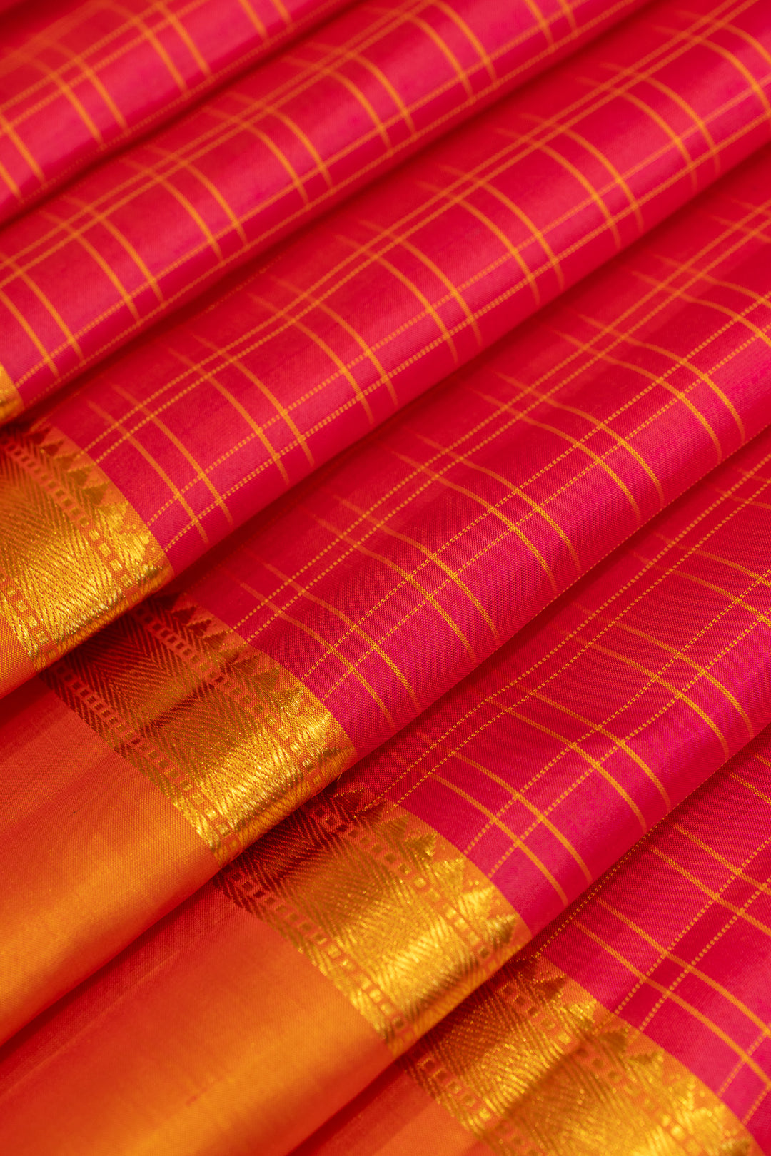 Magenta and peach checks traditional pure Kanchipuram silk saree
