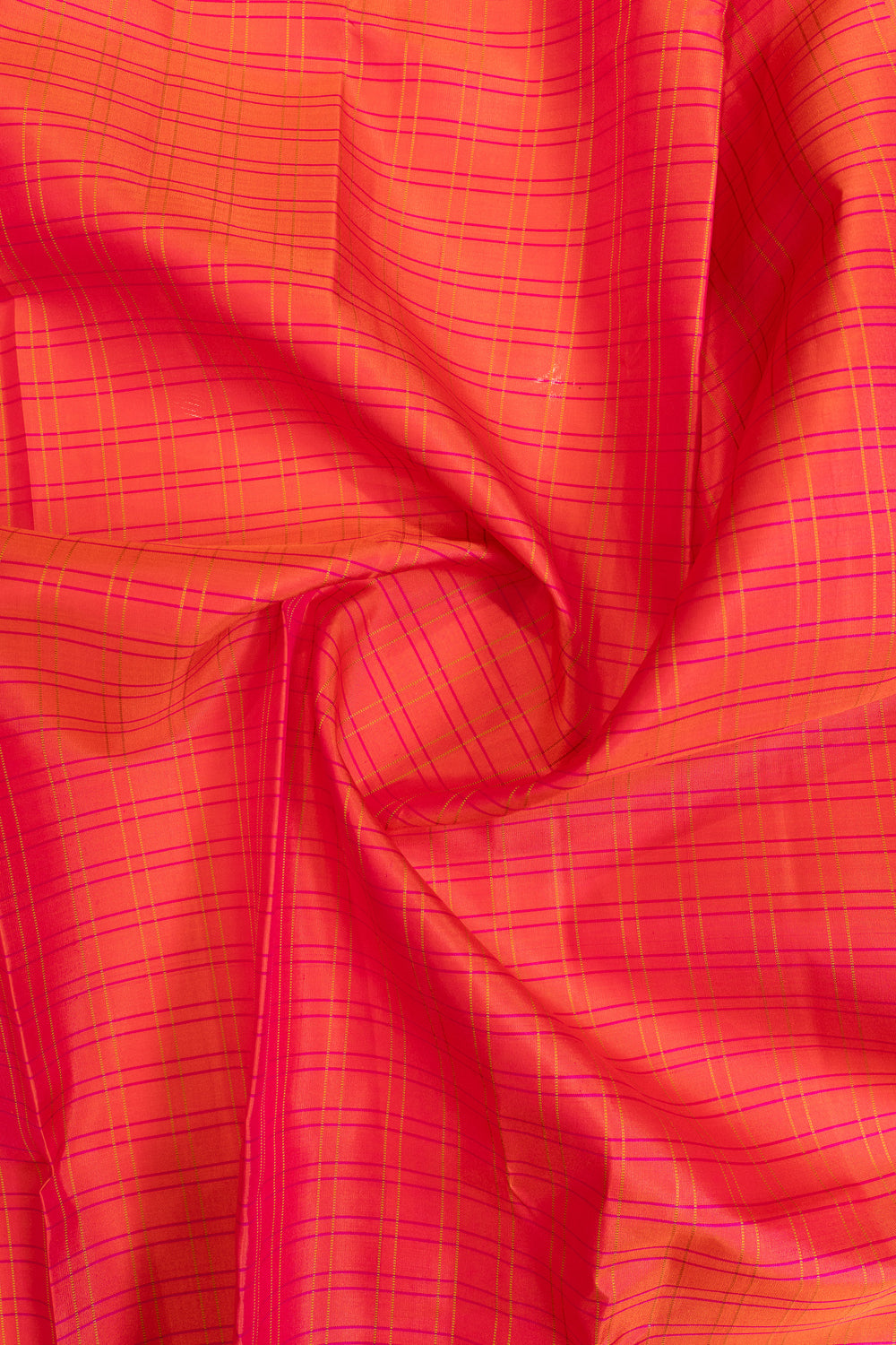 Magenta orange checks small Border pure Kanchipuram silk saree