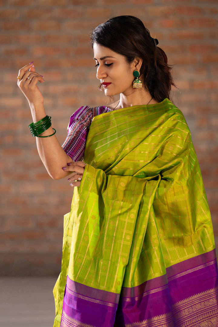 Chartreuse Green Pure Zari Checks Kanchipuram Silk Saree - Clio Silks